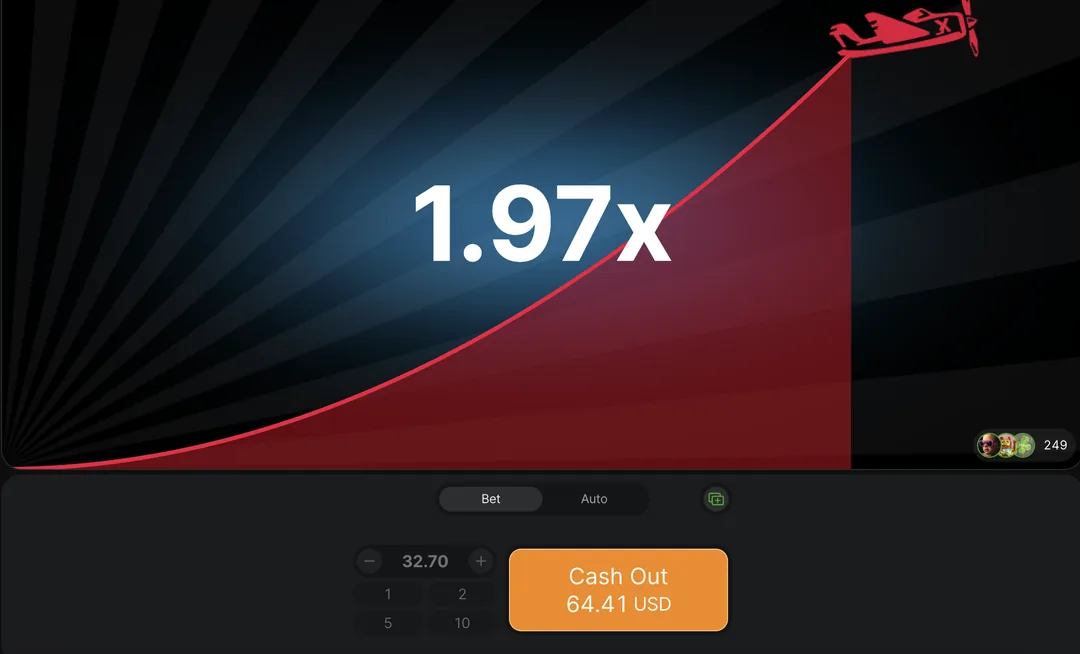 Aviator na Joga Junto — rodada em andamento: multiplicador em 1,97× e o Cash Out disponível (demo).