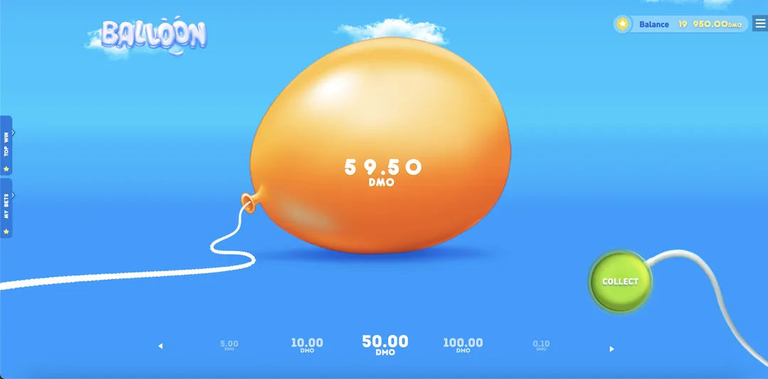 Balloon na Joga Junto — botão COLLECT retira o valor atual, 59,50 (demo)