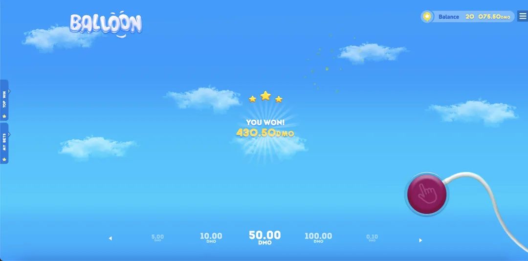 Balloon na Joga Junto — tela YOU WON com 430,50 no modo demo
