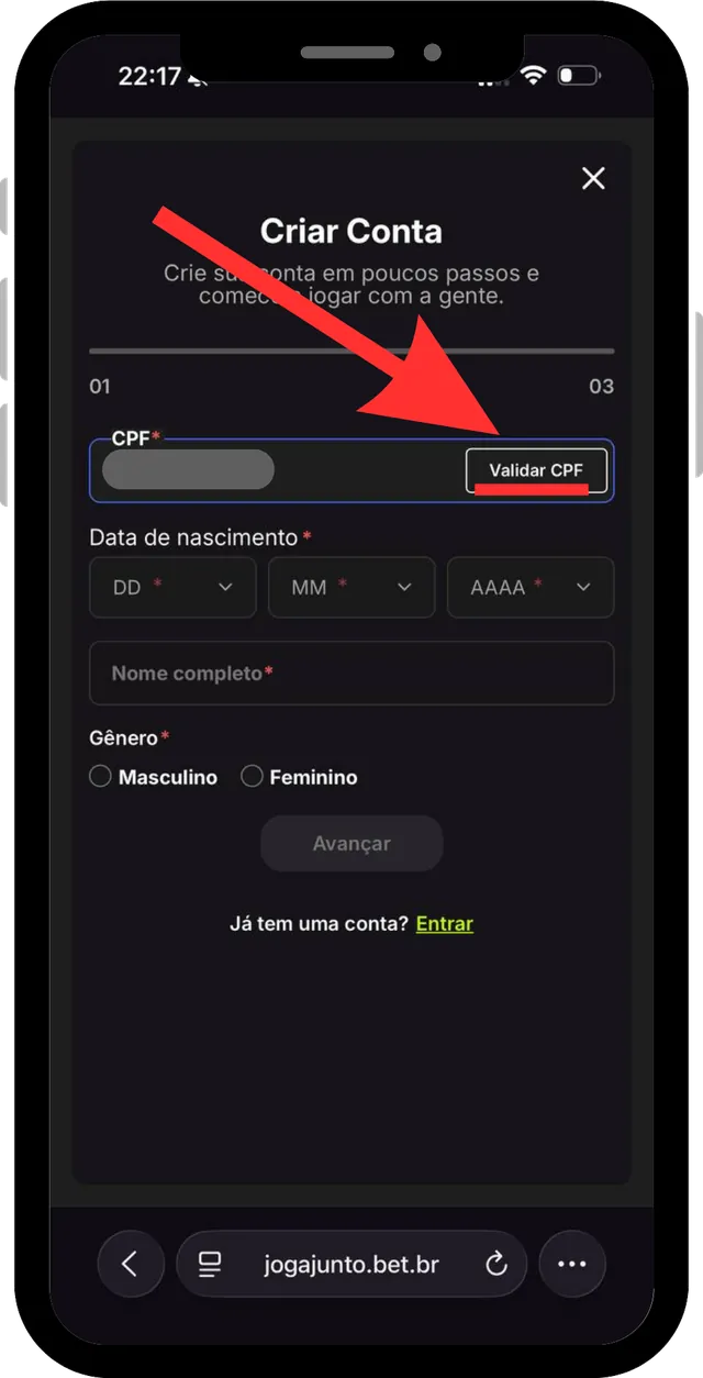 Cadastro Joga Junto passo 2: Valide seu CPF