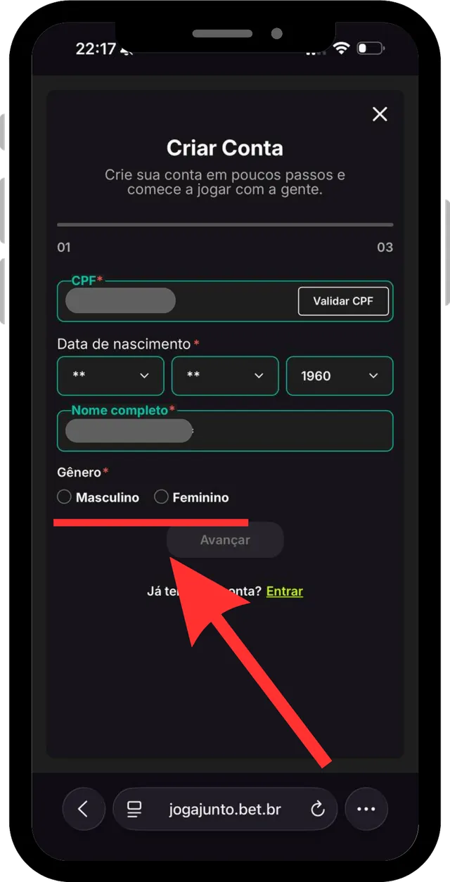 Cadastro Joga Junto passo 3: Complete seus dados