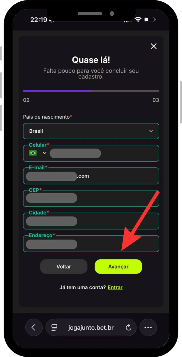 Cadastro Joga Junto passo 5: Contato e endereço