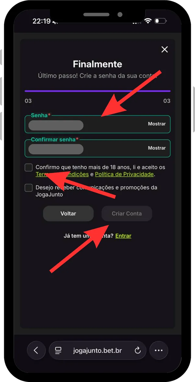 Cadastro Joga Junto passo 6: Senha e termos