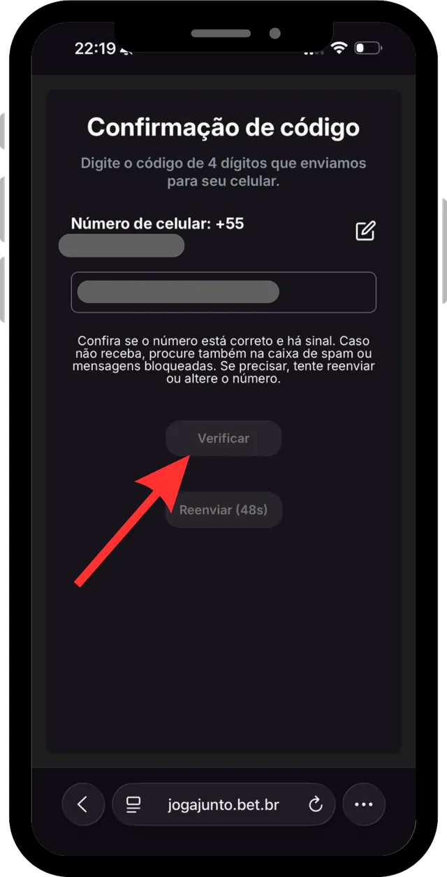 Cadastro Joga Junto passo 7: Confirme o código
