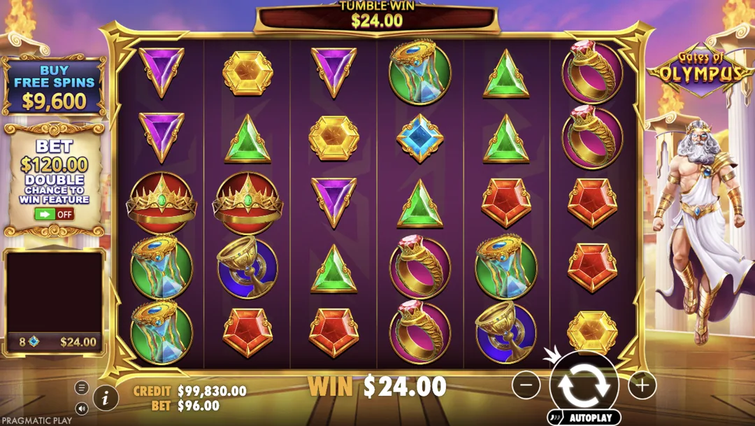 Gates of Olympus na Joga Junto — rodada comum: 8 gemas azuis iguais em qualquer posição da grade fecham o prêmio (modo demo).