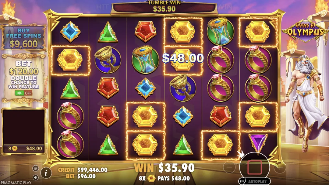 Gates of Olympus na Joga Junto — Scatter Pays: 8 gemas amarelas espalhadas formam o ganho (modo demo).