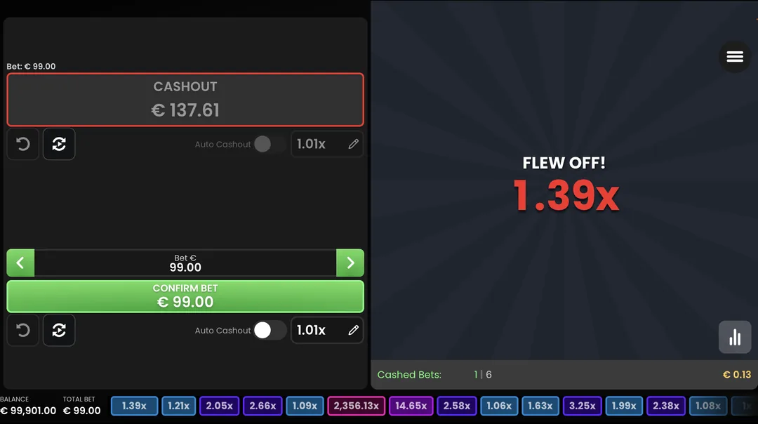 High Flyer na Joga Junto — FLEW OFF em 1,39×, aposta não sacada é perdida (demo)