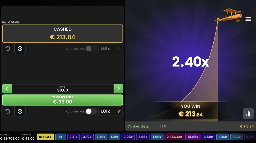 High Flyer na Joga Junto — YOU WIN em 2,40× com 213,84 no modo demo
