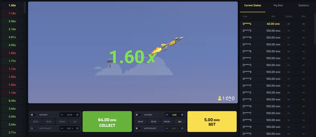 JetX na Joga Junto — jato subindo, 1,60×, botão COLLECT com 64,00 (demo)