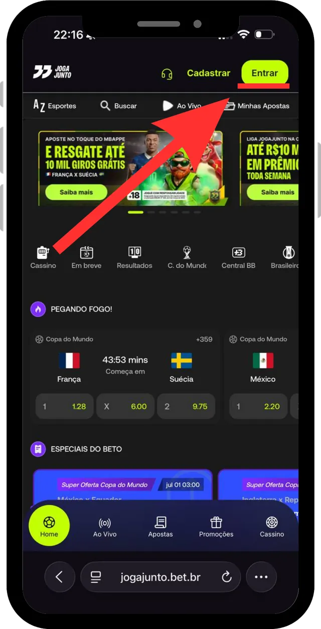 Login Joga Junto passo 1: Abra o login
