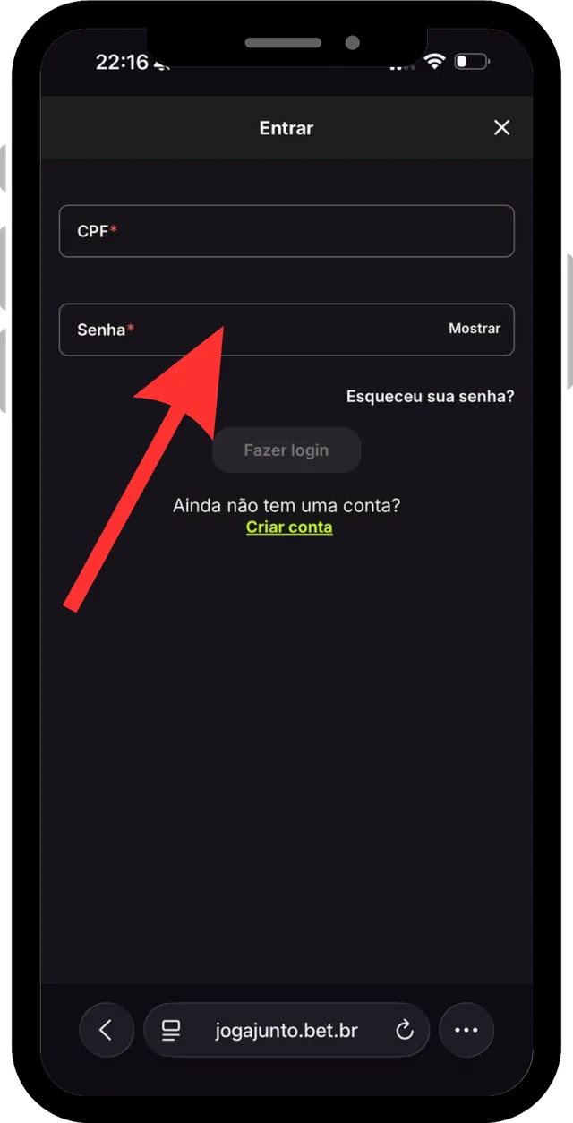 Login Joga Junto passo 2: Informe CPF e senha