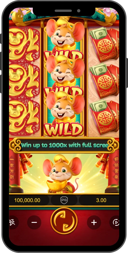 Fortune Mouse na Joga Junto no celular — O Rato (Wild) empilhado na coluna do meio durante a