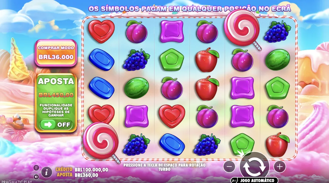 Sweet Bonanza na Joga Junto — tabuleiro 6×5 de frutas e doces (demo)