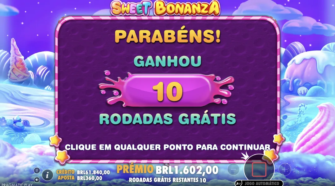 Sweet Bonanza — parabéns, ganhou 10 rodadas grátis (demo)