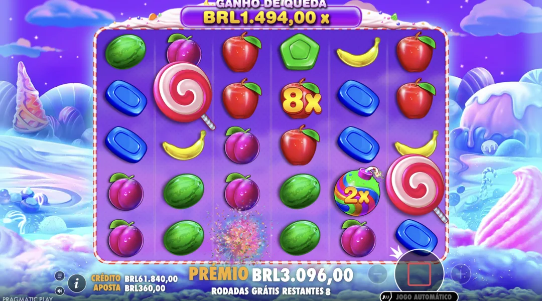 Sweet Bonanza — rodada grátis com bomba multiplicadora 8× (demo)