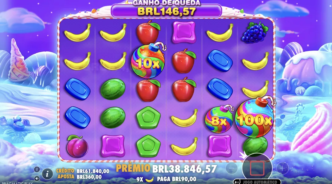 Sweet Bonanza — bombas multiplicadoras 10×, 8× e 100× (demo)