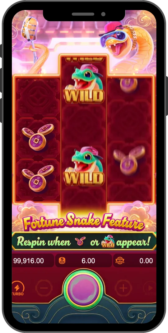 Fortune Snake na Joga Junto no celular — Fortune Snake Feature: respins com Wilds empilhadas,
