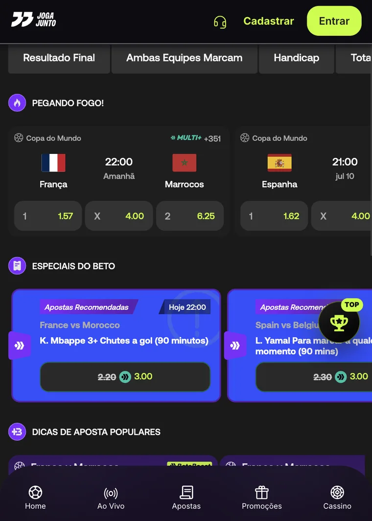 Apostas esportivas na Joga Junto — tela inicial com jogos em destaque (Pegando Fogo) e Especiais do Beto