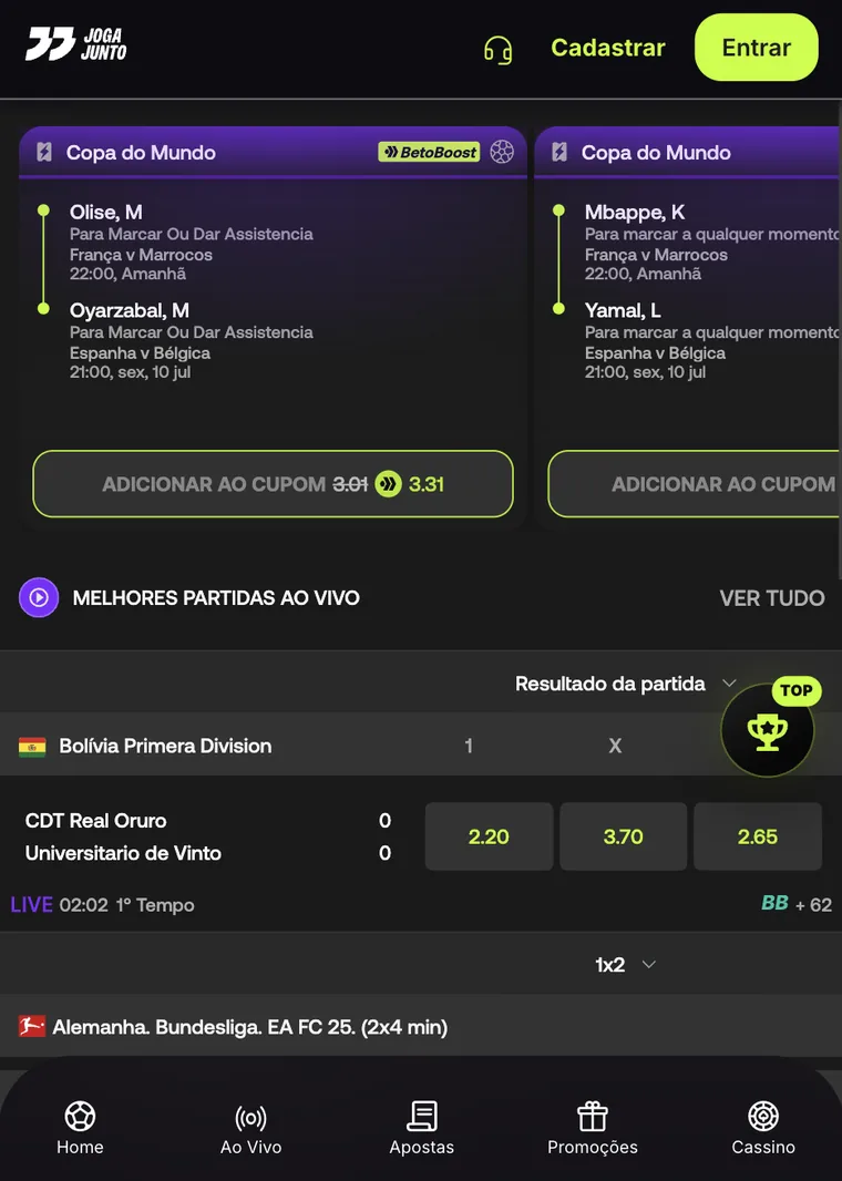 Joga Junto — combos com BetoBoost e apostas ao vivo (in-play) com cotações em tempo real