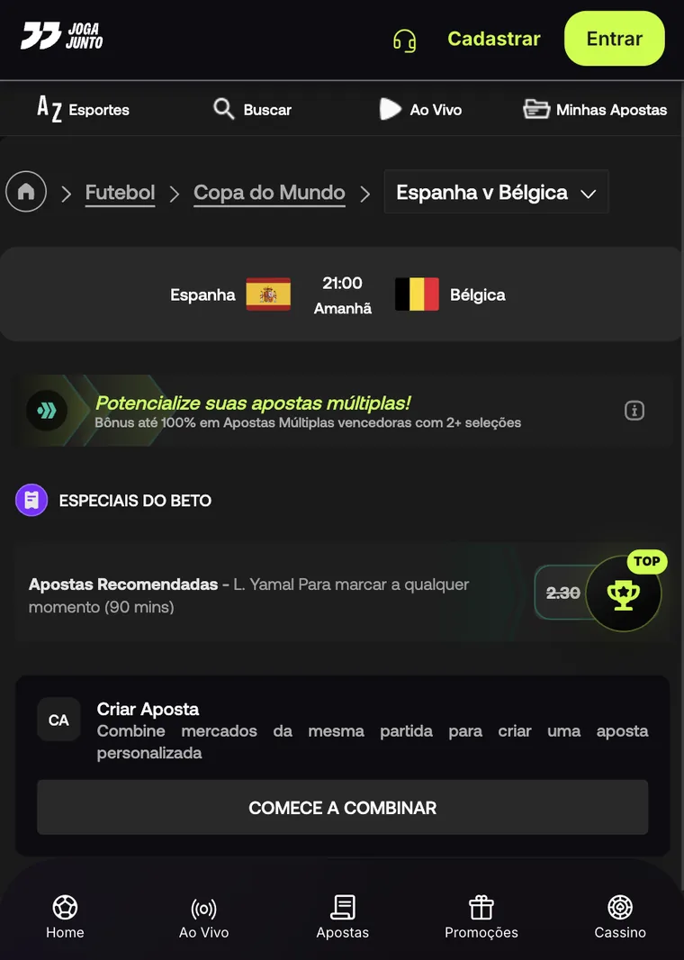 Joga Junto — Criar Aposta (bet builder) na tela do jogo Espanha x Bélgica